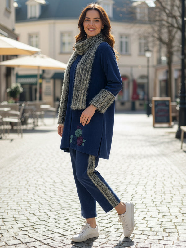 Elegant Blue Woolen Embroidered Co-ord Set with Muffler