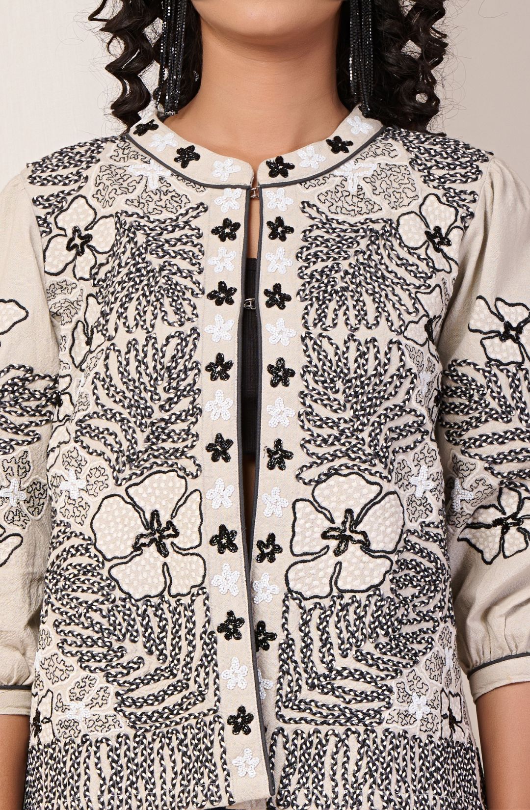 Black Embroidered Off White Cotton Jacket