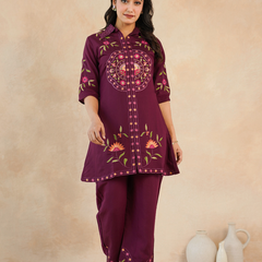 Elegant Maroon Embroidered Kurta with Matching Pants