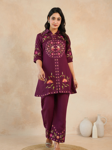 Elegant Maroon Embroidered Kurta with Matching Pants