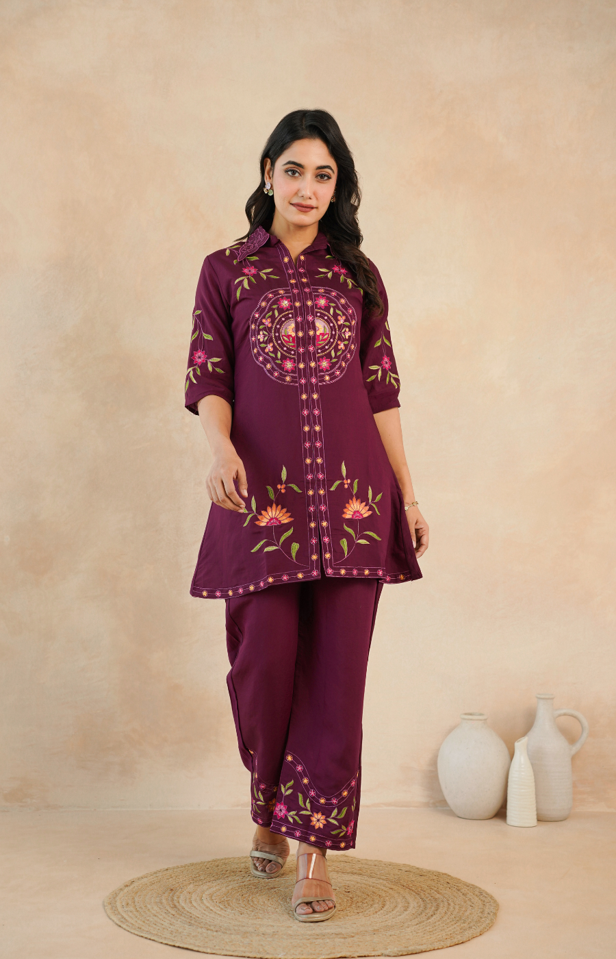 Elegant Maroon Embroidered Kurta with Matching Pants
