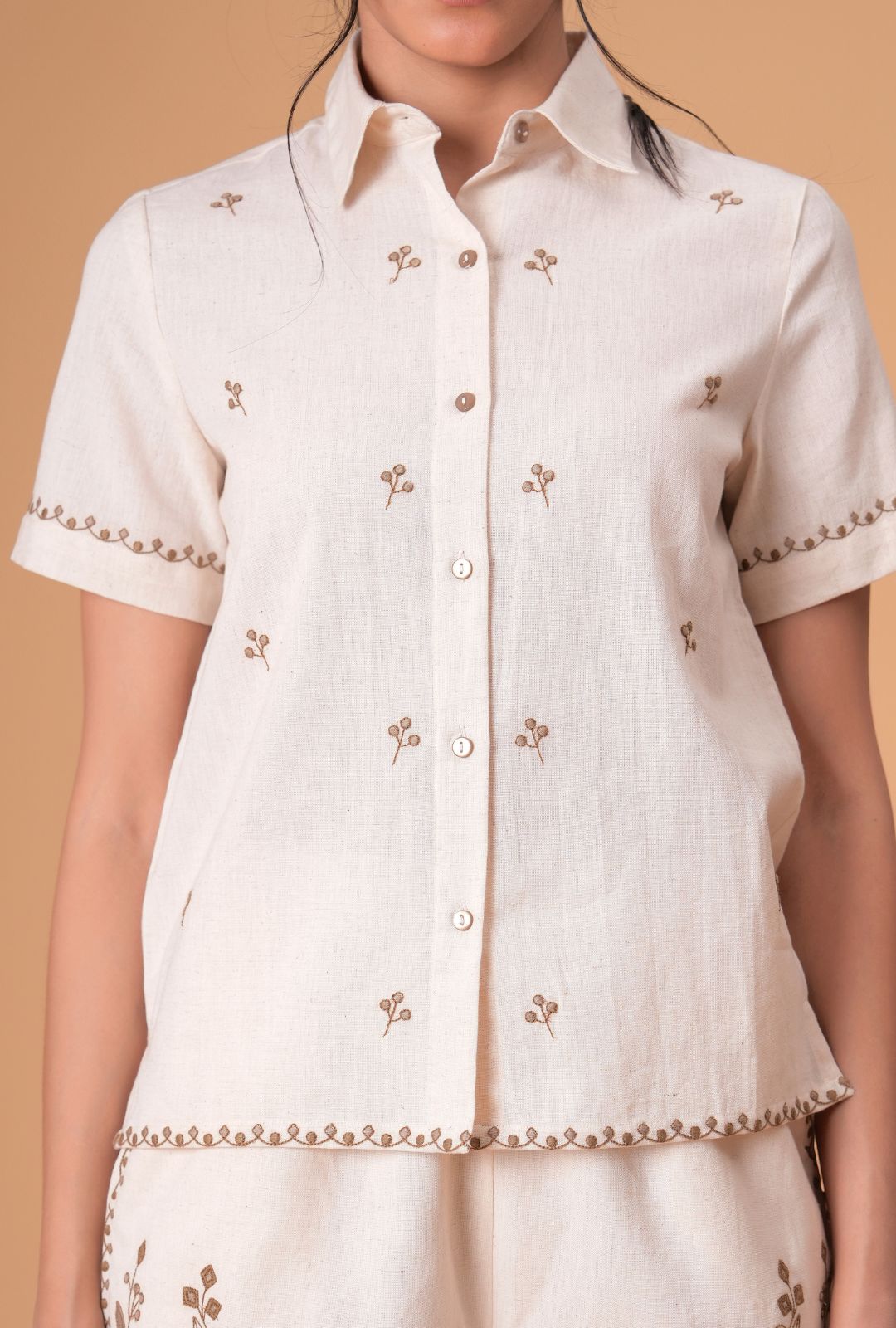 Beige Brown Embroidered  Co-ord Set