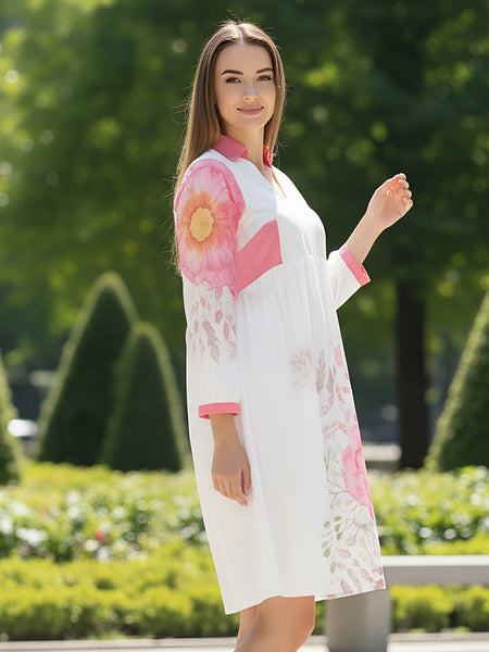 Floral Cotton Cambric Mini Dress with Collar Neck