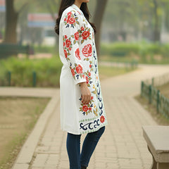 White Pink Embroidered Full Sleeves Long Jacket
