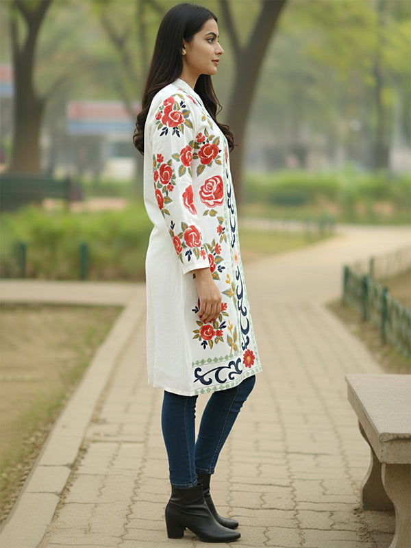 White Pink Embroidered Full Sleeves Long Jacket