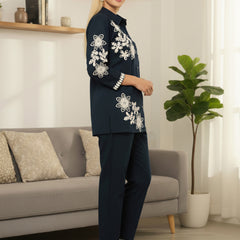 Navy Blue Cotton Embroidered Floral Co-Ord Set