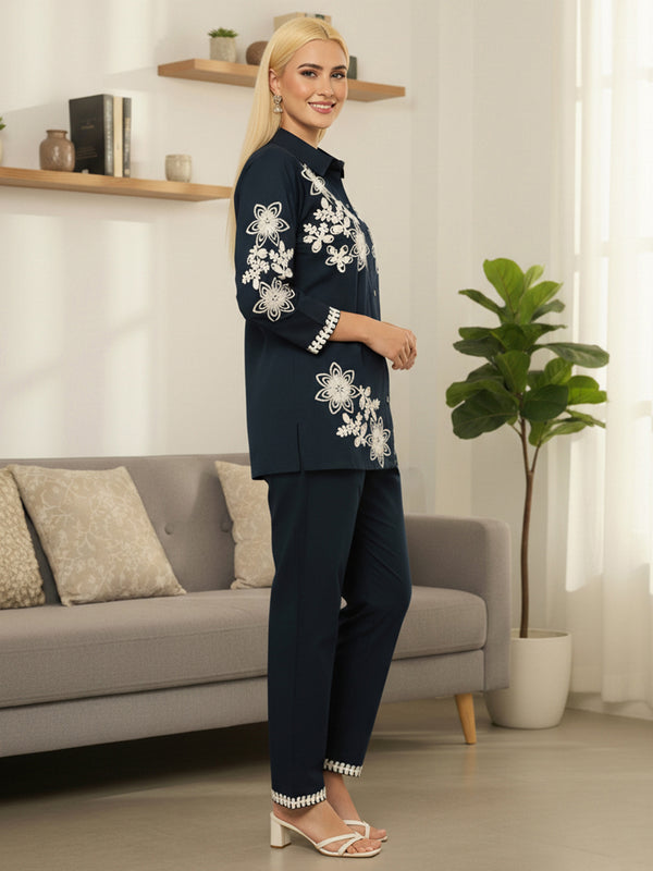 Navy Blue Cotton Embroidered Floral Co-Ord Set