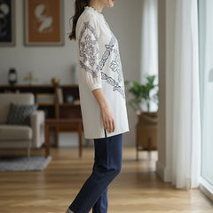 Chic Off-White & Blue Embroidered Rayon Co-ord Set