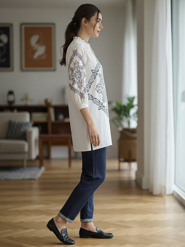 Chic Off-White & Blue Embroidered Rayon Co-ord Set