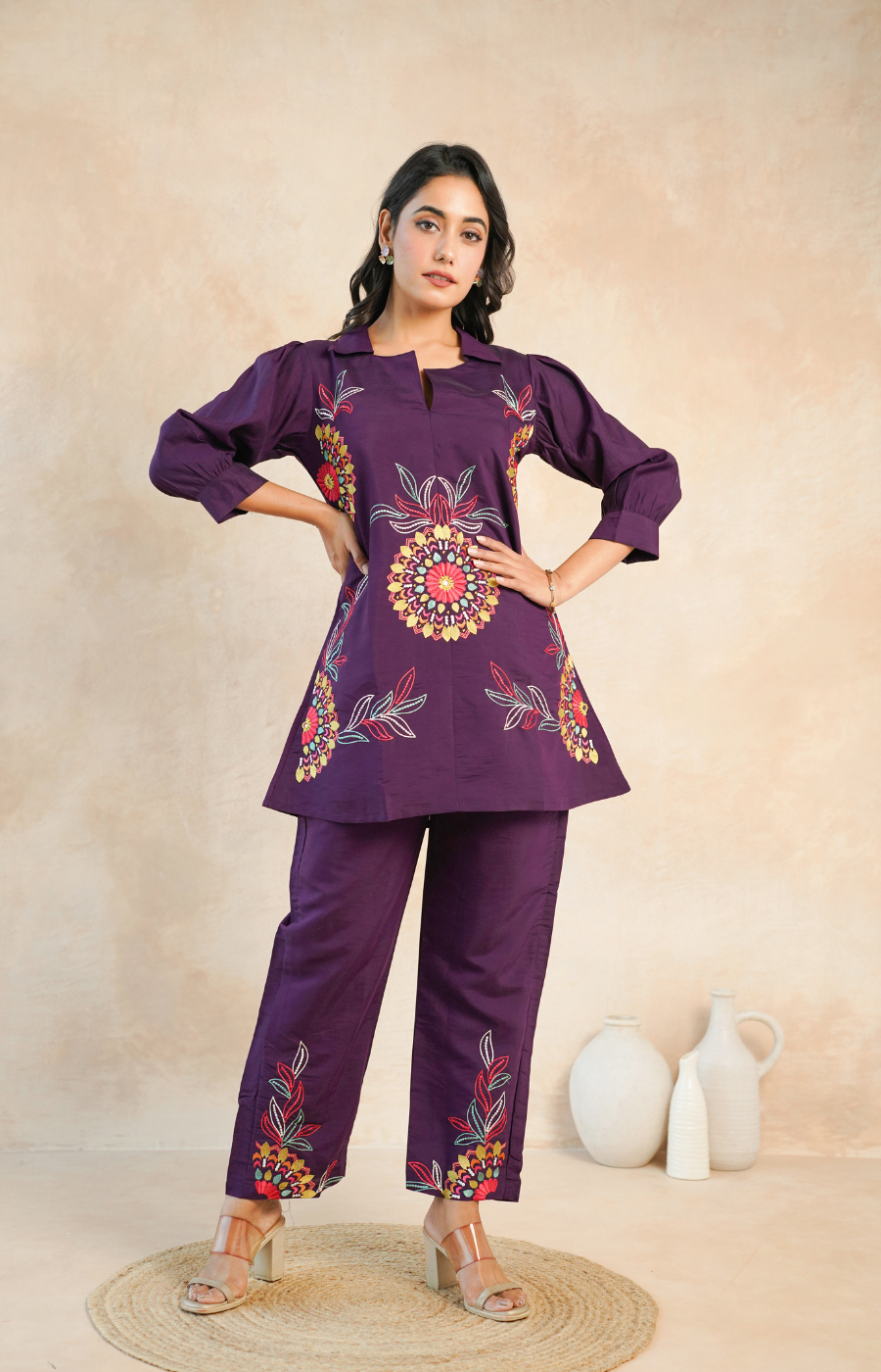 Graceful Purple Floral Embroidered Kurta with Pants