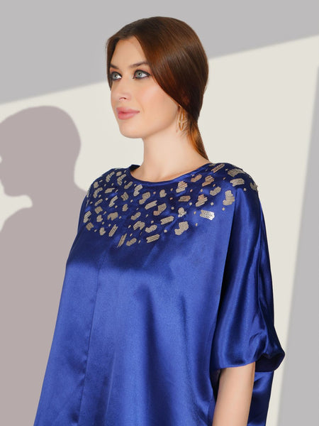 Blue Satin Sequin Work Kaftan Co-ord Set