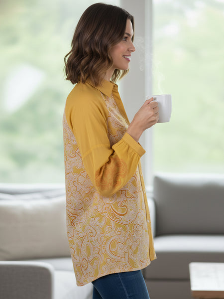 Women Mustard Yellow Printed Shirt with Sheer Sleeves