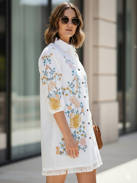 Classic White Embroidered Cotton Midi Dress