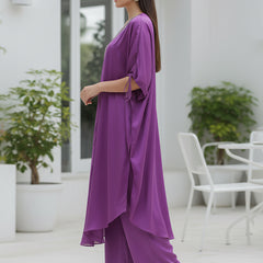 Stylish Satin V-neck Purple Co-ord Set