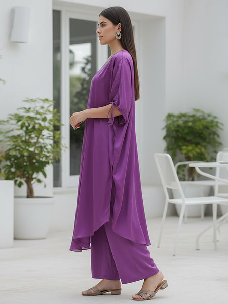 Stylish Satin V-neck Purple Co-ord Set