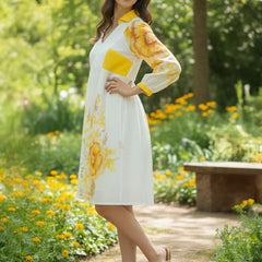 White & Yellow Floral Midi Dress