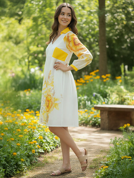 White & Yellow Floral Midi Dress