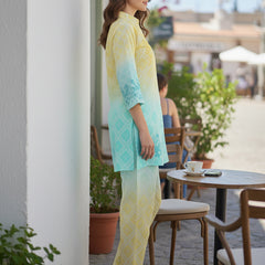 Summer Yellow Blue Cotton Embroidered Co-ord Set