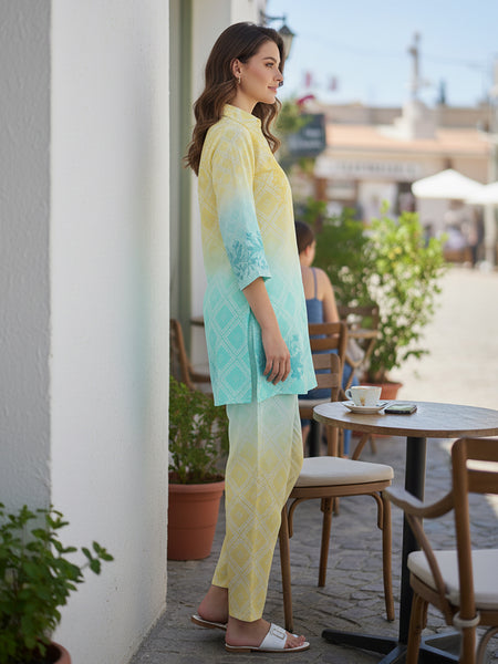 Summer Yellow Blue Cotton Embroidered Co-ord Set