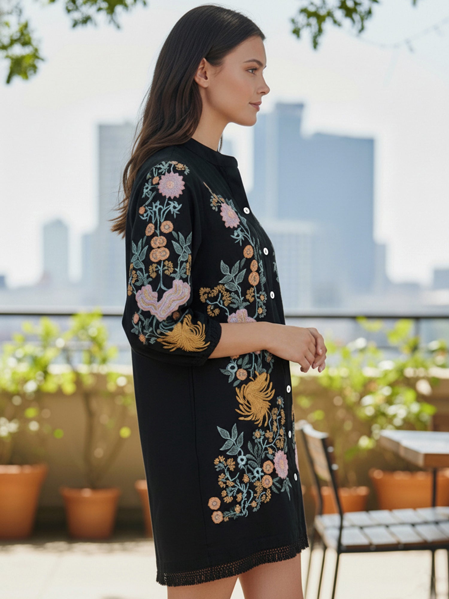 Black Cotton Embroidered Mini Dress