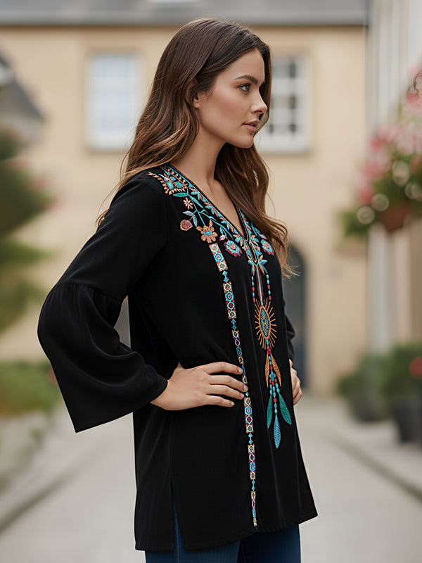Black Embroidered Flare Sleeve Top