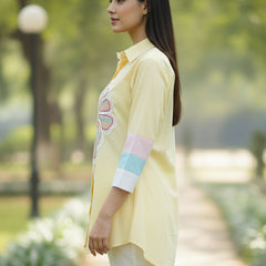 Women’s Yellow Embroidered Cotton Crop Shirt with Collar Neck