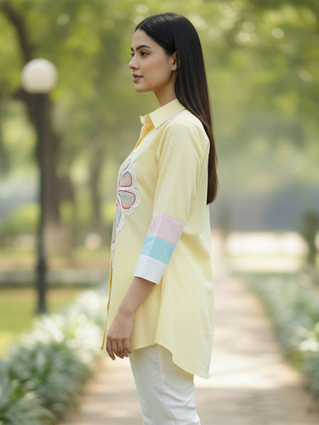 Women’s Yellow Embroidered Cotton Crop Shirt with Collar Neck