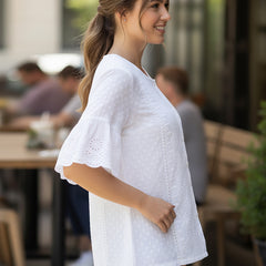 Women’s White Cotton Embroidered Shirt with Round Neck