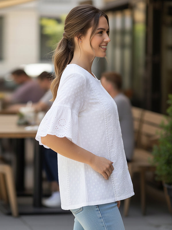 Women’s White Cotton Embroidered Shirt with Round Neck