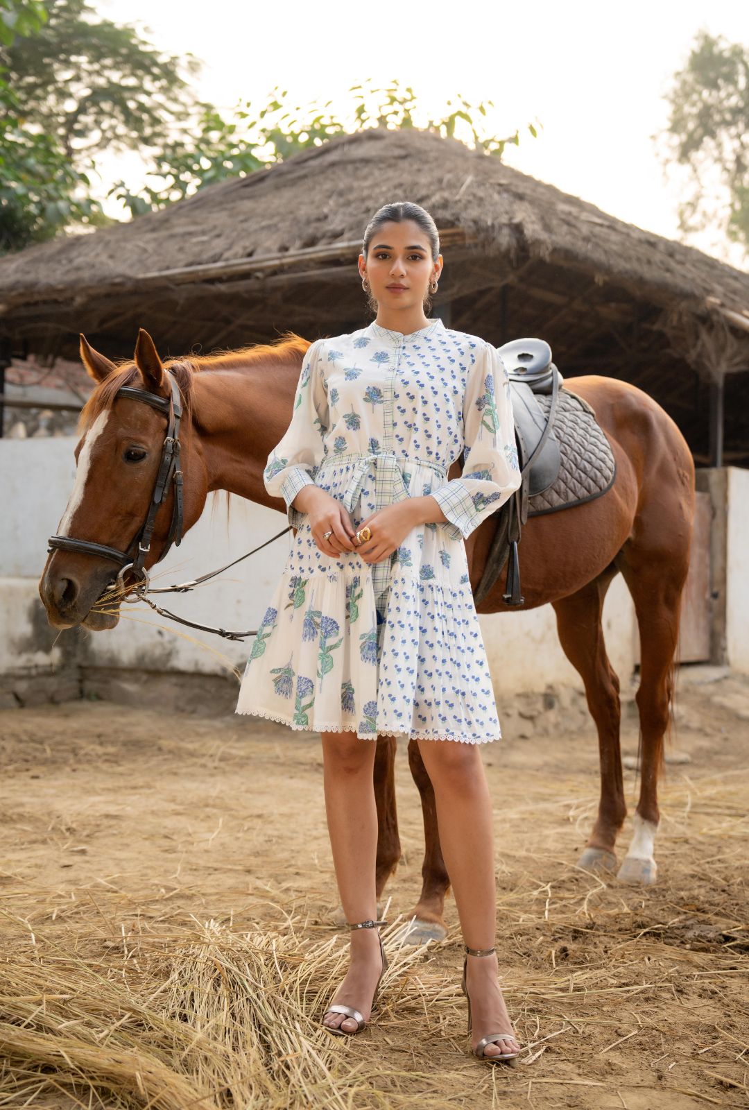 White & Blue Floral Embroidered Cotton Mini Dress