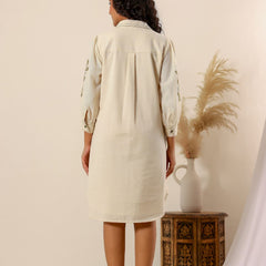 Beige flower embroidery Cotton Shirt Dress