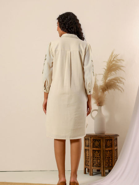 Beige flower embroidery Cotton Shirt Dress