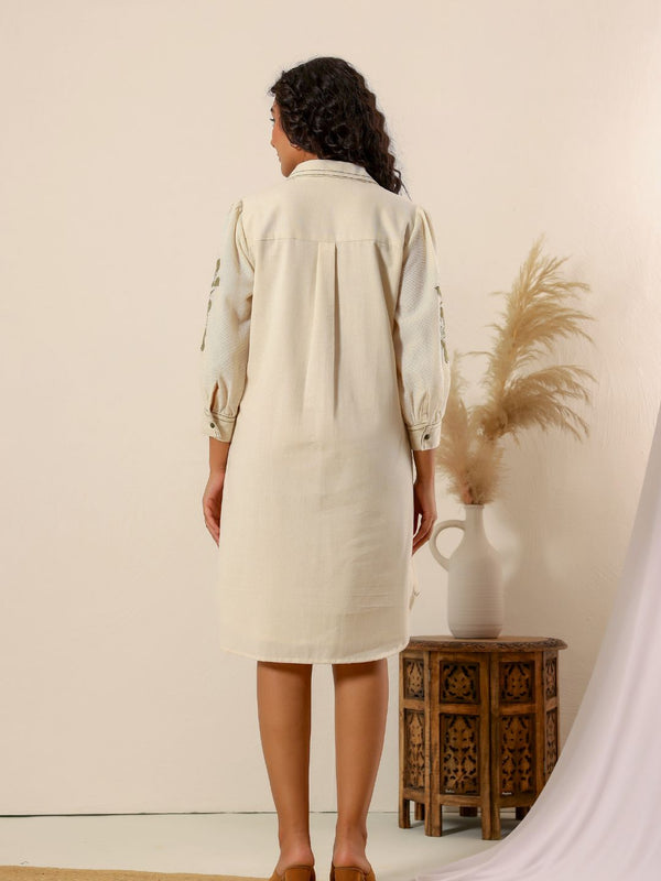 Beige flower embroidery Cotton Shirt Dress