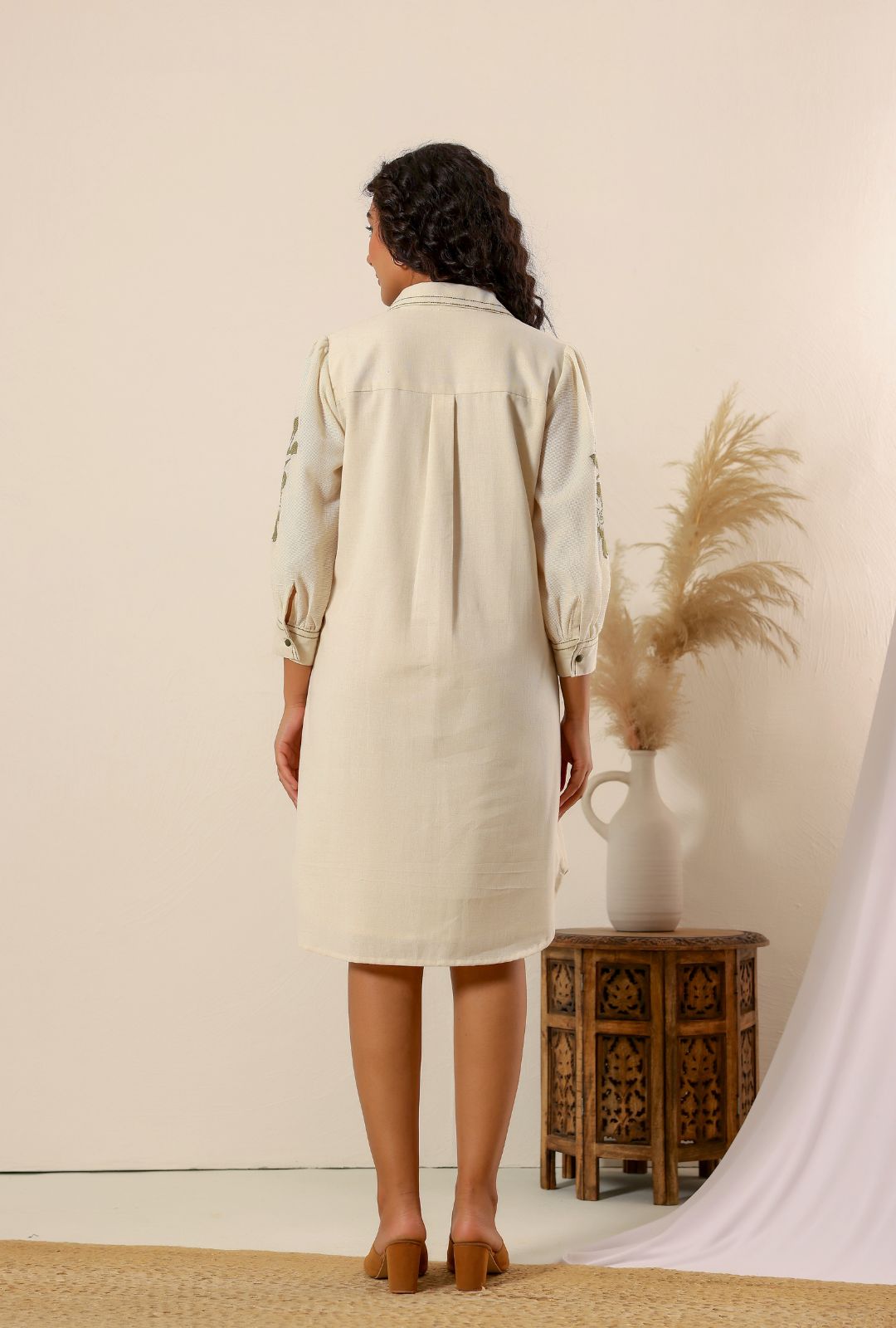 Beige flower embroidery Cotton Shirt Dress