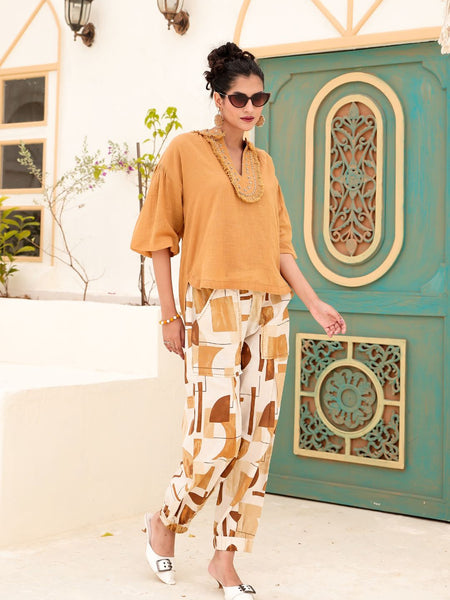 Tan Brown Abstract Printed Co-ord Set