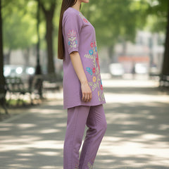 Lavender Floral Embroidered Kurta and Straight Pant Co-ord Set