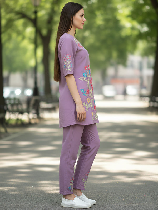 Lavender Floral Embroidered Kurta and Straight Pant Co-ord Set