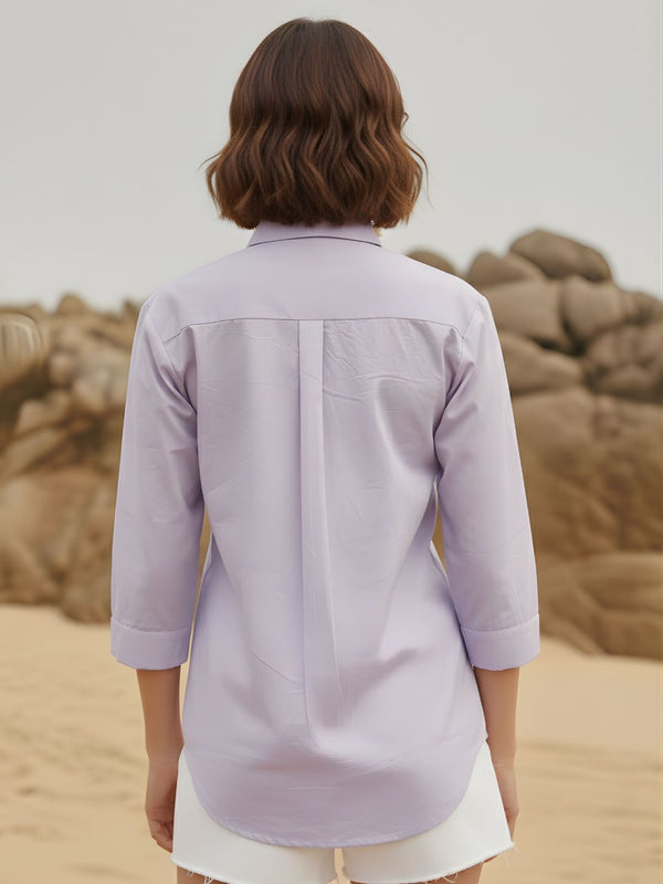 Lavender Bloom Embroidered Cotton Shirt with Classic Collar