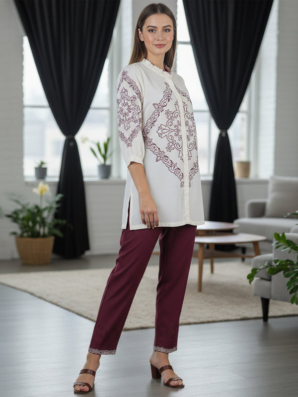 Elegant Off-White & Maroon Embroidered Rayon Co-ord Set