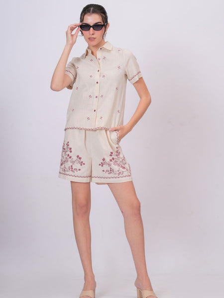 Blush Pink Embroidery Beige Cotton Co-ord Set