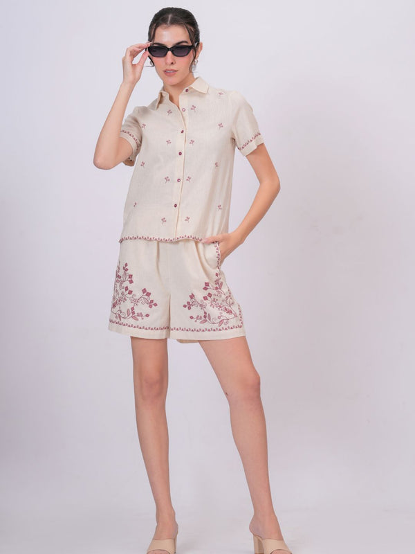 Blush Pink Embroidery Beige Cotton Co-ord Set