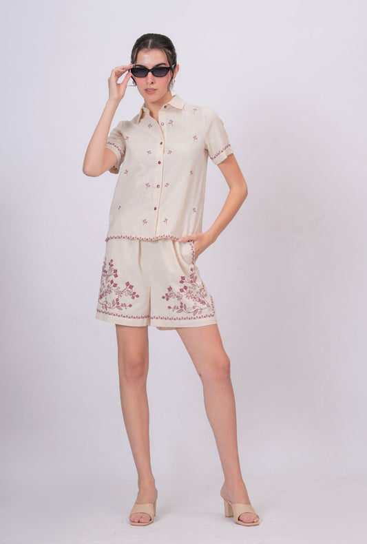 Blush Pink Embroidery Beige Cotton Co-ord Set