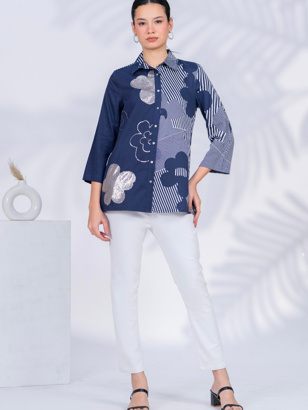 Women Designer Patchwork Navy Casual Shirt