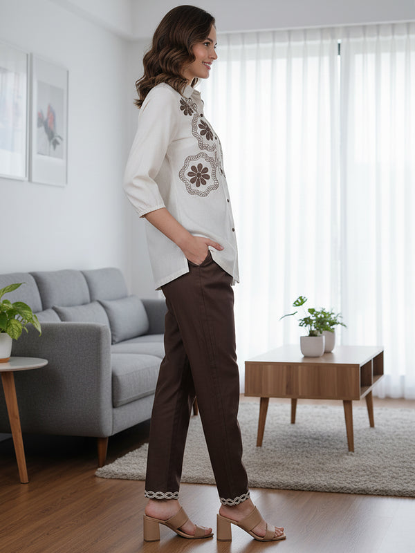 Beige Blossom Floral Embroidered Cotton Co-ord Set
