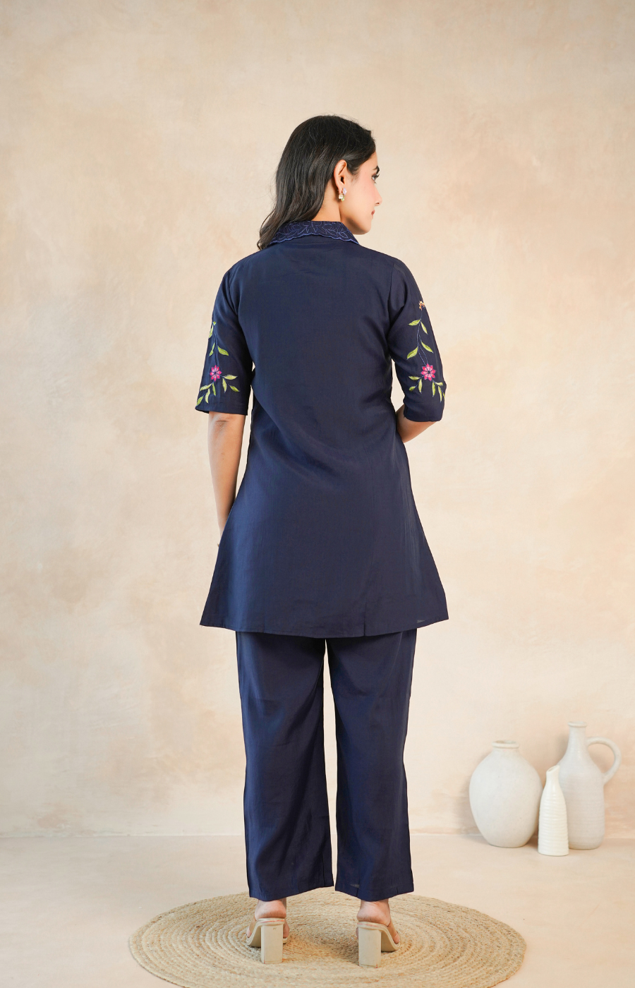 Stylish Navy Blue Embroidered Kurta with Matching Pants