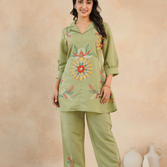 Olive Green Co-Ord: Detailed Central Embroidered Tunic and Wide Pants