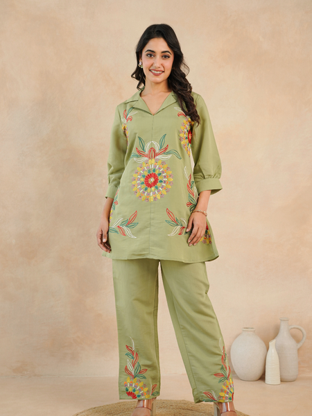 Olive Green Co-Ord: Detailed Central Embroidered Tunic and Wide Pants