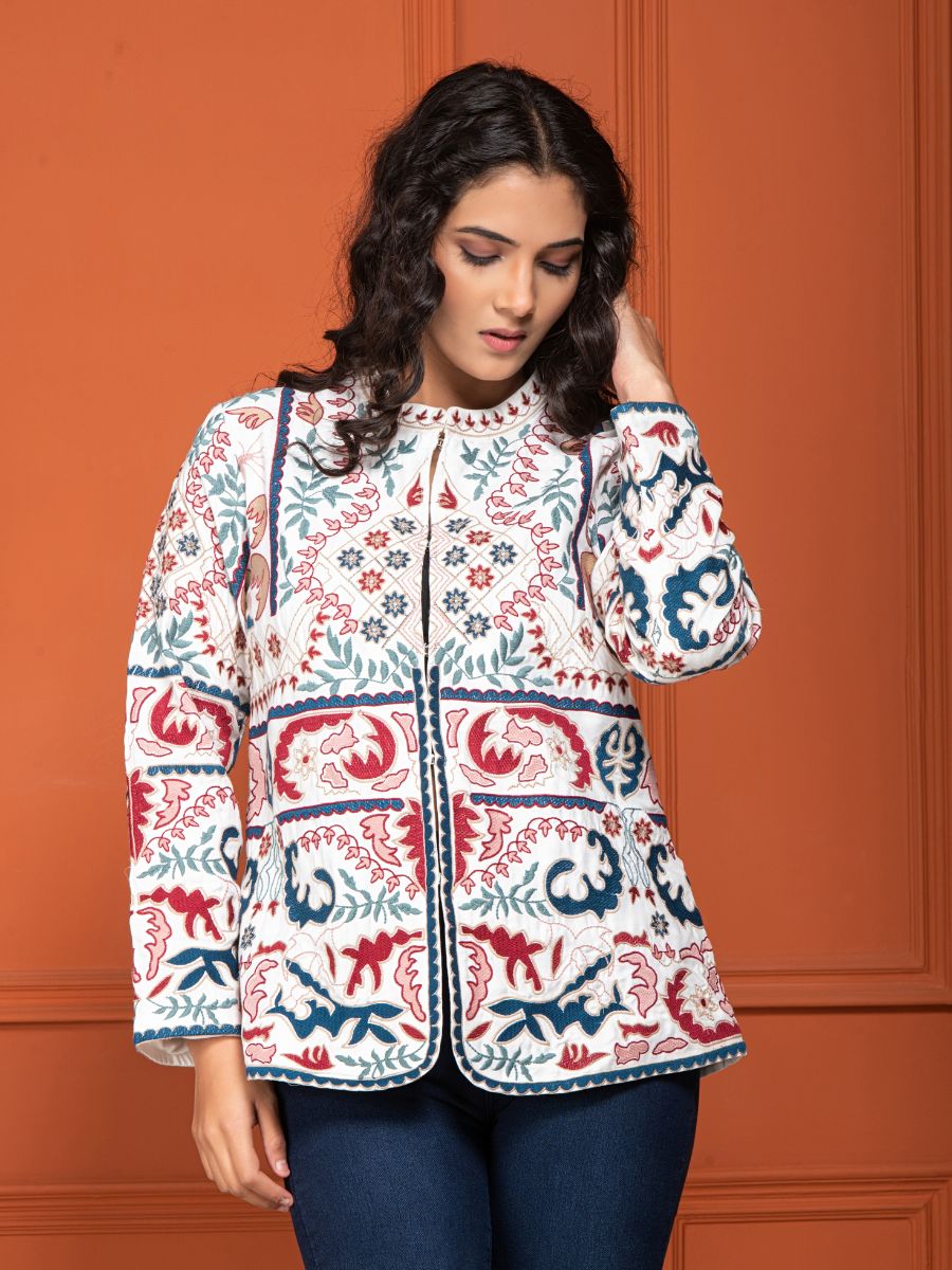 White Cotton Embroidered Short Jacket