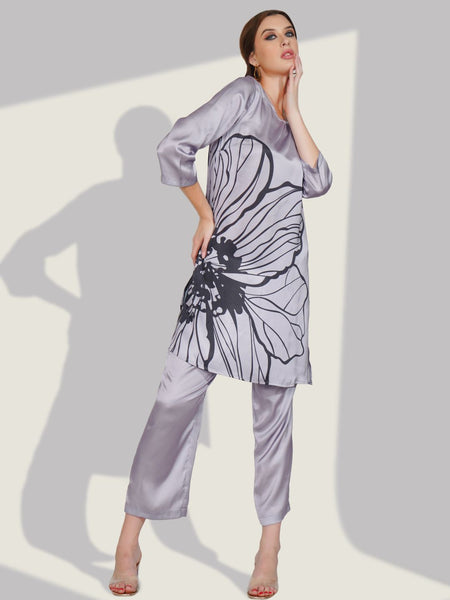 Printed Satin Grey Co-ord Set