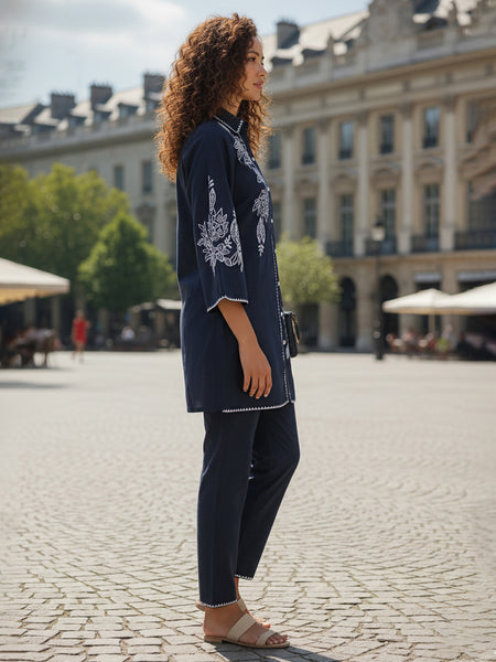 Navy Blue White Embroidered Co-ord Set